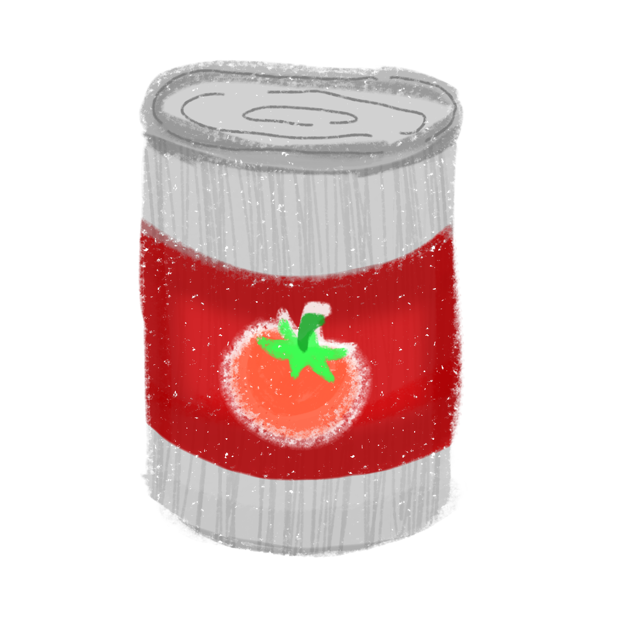  A can of tomato soup. The can is grey with a red band featuring a single tomato.